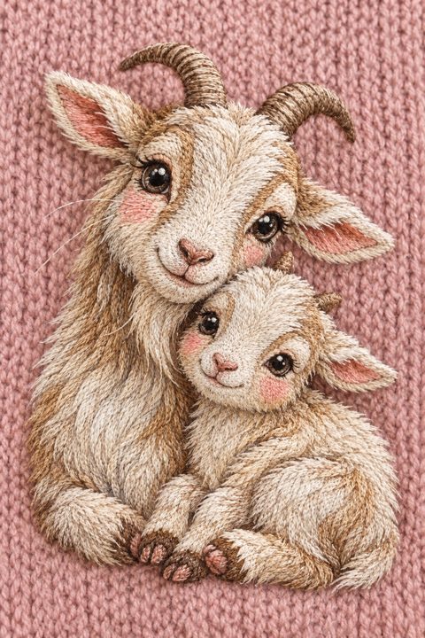 Goat and Kid Farm Animals Embroidery Design for Charming Handmade Projects